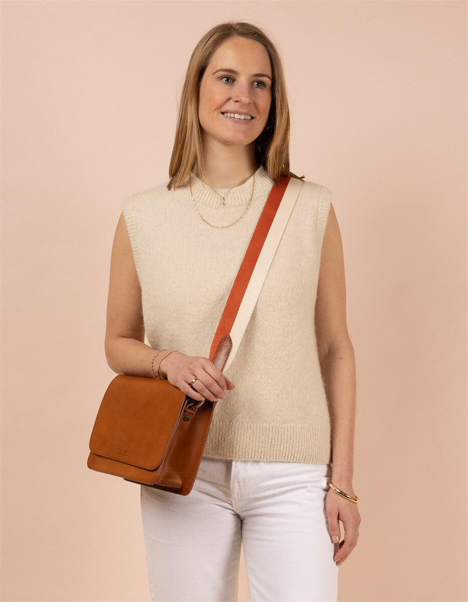 Striped Webbing Strap Cognac & White